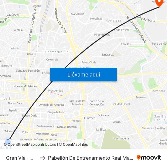 Gran Vía - Montera to Pabellón De Entrenamiento Real Madrid Baloncesto map