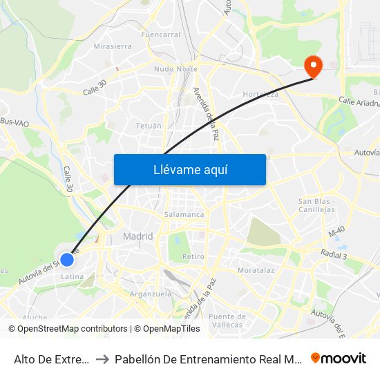 Alto De Extremadura to Pabellón De Entrenamiento Real Madrid Baloncesto map