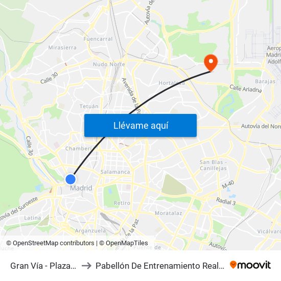 Gran Vía - Plaza De España to Pabellón De Entrenamiento Real Madrid Baloncesto map