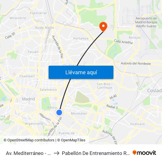 Av. Mediterráneo - Conde De Casal to Pabellón De Entrenamiento Real Madrid Baloncesto map