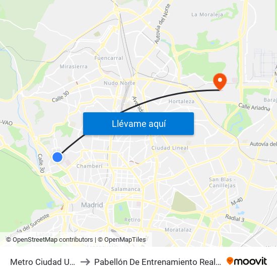 Metro Ciudad Universitaria to Pabellón De Entrenamiento Real Madrid Baloncesto map