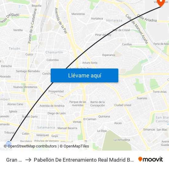 Gran Vía to Pabellón De Entrenamiento Real Madrid Baloncesto map