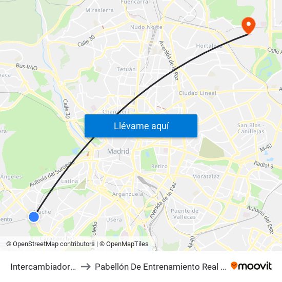 Intercambiador De Aluche to Pabellón De Entrenamiento Real Madrid Baloncesto map