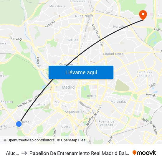 Aluche to Pabellón De Entrenamiento Real Madrid Baloncesto map