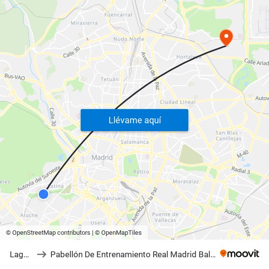 Laguna to Pabellón De Entrenamiento Real Madrid Baloncesto map