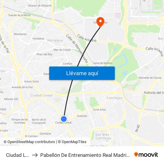 Ciudad Lineal to Pabellón De Entrenamiento Real Madrid Baloncesto map