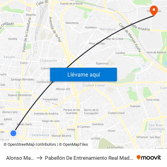 Alonso Martínez to Pabellón De Entrenamiento Real Madrid Baloncesto map