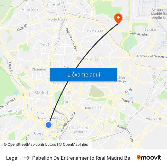 Legazpi to Pabellón De Entrenamiento Real Madrid Baloncesto map