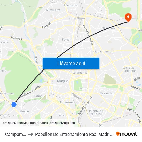 Campamento to Pabellón De Entrenamiento Real Madrid Baloncesto map