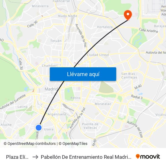 Plaza Elíptica to Pabellón De Entrenamiento Real Madrid Baloncesto map