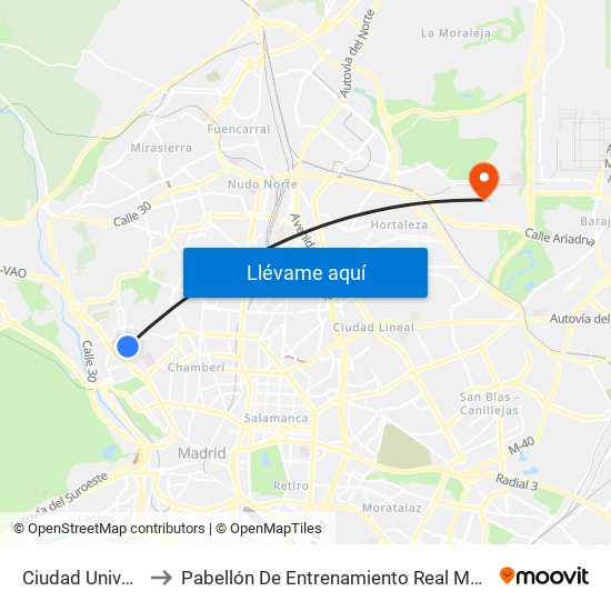 Ciudad Universitaria to Pabellón De Entrenamiento Real Madrid Baloncesto map