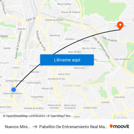 Nuevos Ministerios to Pabellón De Entrenamiento Real Madrid Baloncesto map