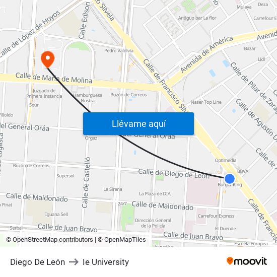 Diego De León to Ie University map