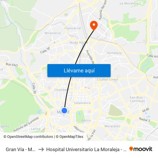Gran Vía - Montera to Hospital Universitario La Moraleja - Ala De Austria map