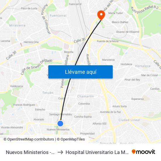 Nuevos Ministerios - Centro Comercial to Hospital Universitario La Moraleja - Ala De Austria map