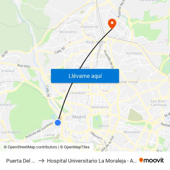 Puerta Del Ángel to Hospital Universitario La Moraleja - Ala De Austria map