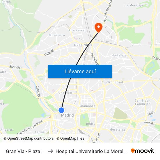 Gran Vía - Plaza De España to Hospital Universitario La Moraleja - Ala De Austria map