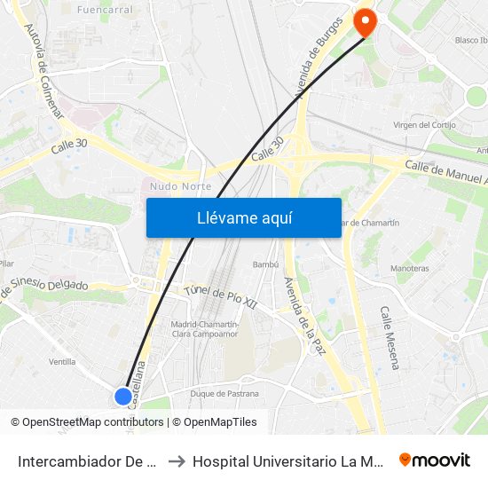 Intercambiador De Plaza De Castilla to Hospital Universitario La Moraleja - Ala De Austria map