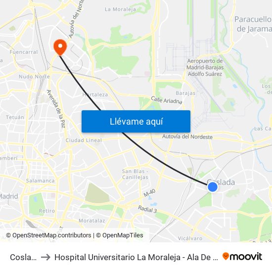 Coslada to Hospital Universitario La Moraleja - Ala De Austria map