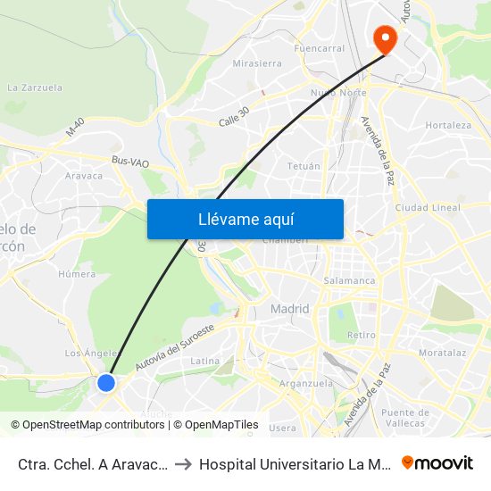 Ctra. Cchel. A Aravaca - Colonia Jardín to Hospital Universitario La Moraleja - Ala De Austria map