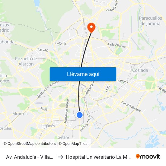 Av. Andalucía - Villaverde Bajo Cruce to Hospital Universitario La Moraleja - Ala De Austria map