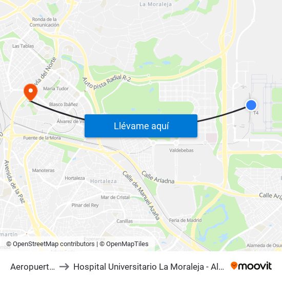 Aeropuerto T4 to Hospital Universitario La Moraleja - Ala De Austria map