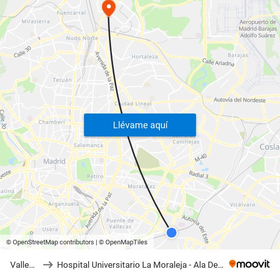 Vallecas to Hospital Universitario La Moraleja - Ala De Austria map