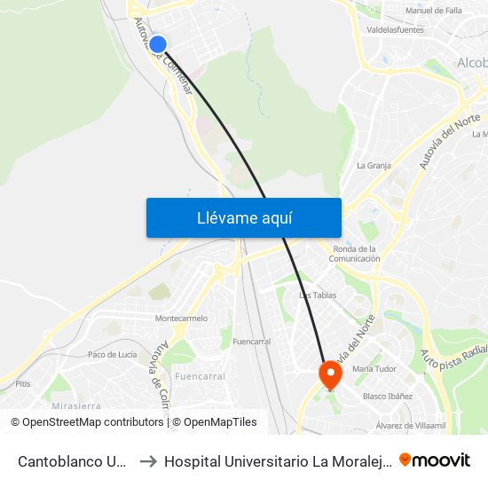 Cantoblanco Universidad to Hospital Universitario La Moraleja - Ala De Austria map