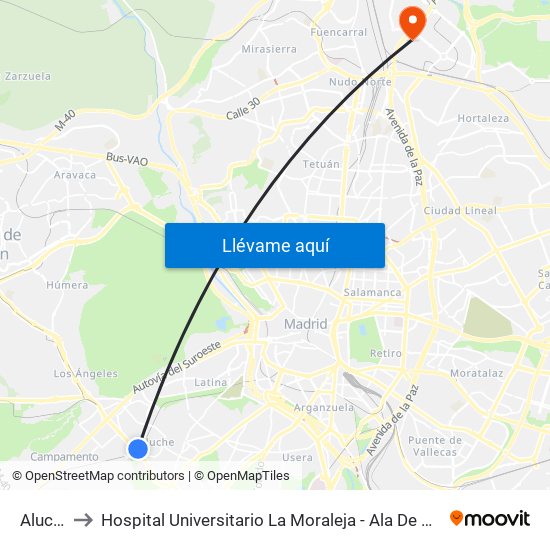 Aluche to Hospital Universitario La Moraleja - Ala De Austria map