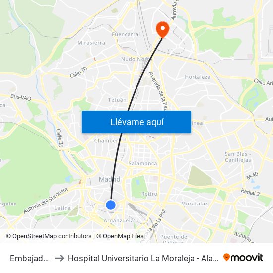 Embajadores to Hospital Universitario La Moraleja - Ala De Austria map