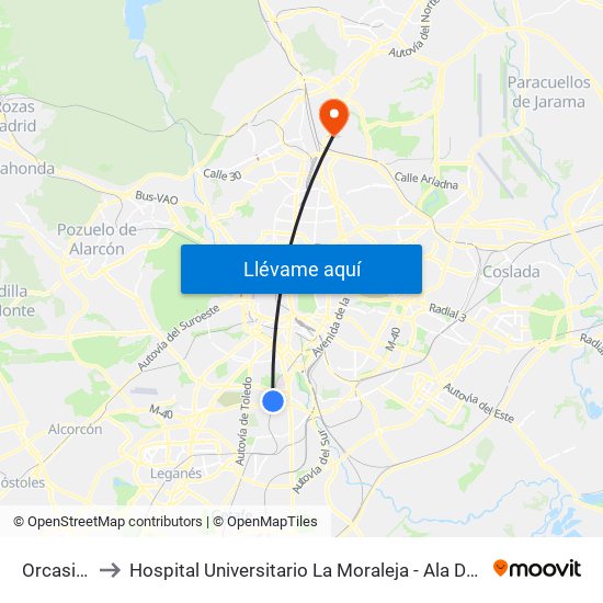Orcasitas to Hospital Universitario La Moraleja - Ala De Austria map