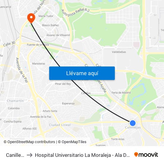 Canillejas to Hospital Universitario La Moraleja - Ala De Austria map