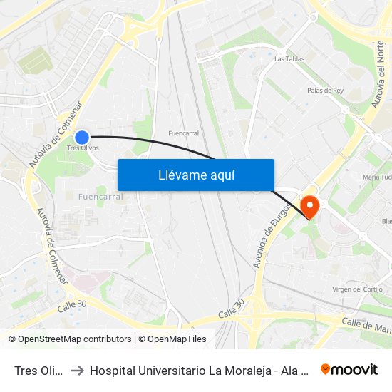 Tres Olivos to Hospital Universitario La Moraleja - Ala De Austria map