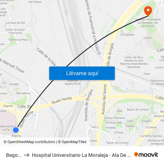 Begoña to Hospital Universitario La Moraleja - Ala De Austria map