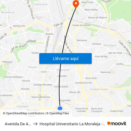 Avenida De América to Hospital Universitario La Moraleja - Ala De Austria map