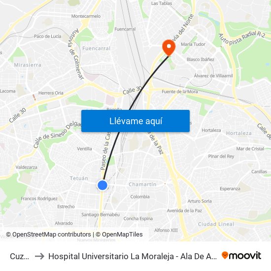 Cuzco to Hospital Universitario La Moraleja - Ala De Austria map