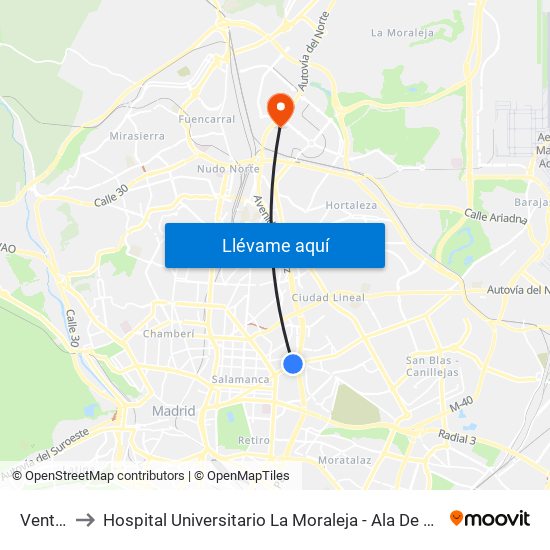 Ventas to Hospital Universitario La Moraleja - Ala De Austria map