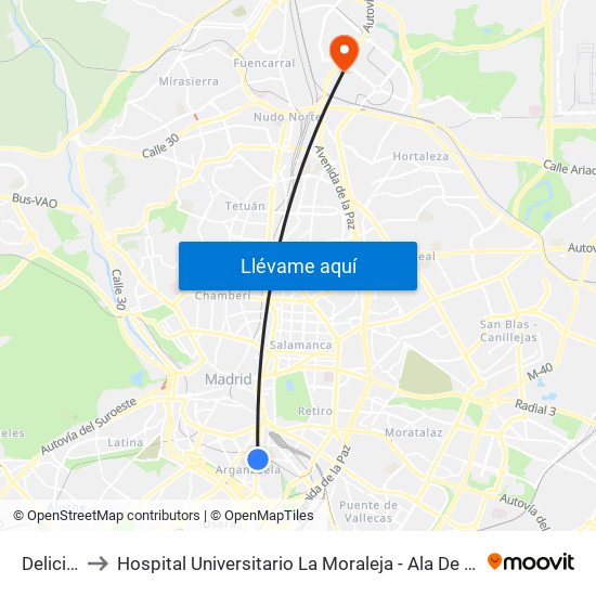 Delicias to Hospital Universitario La Moraleja - Ala De Austria map