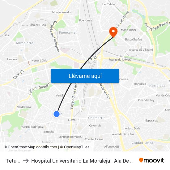 Tetuán to Hospital Universitario La Moraleja - Ala De Austria map