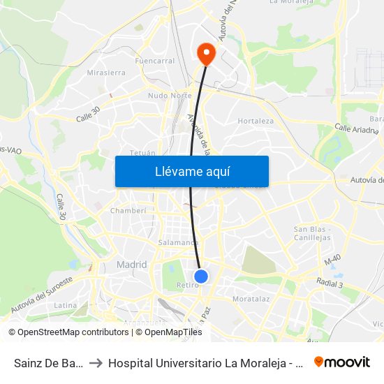 Sainz De Baranda to Hospital Universitario La Moraleja - Ala De Austria map