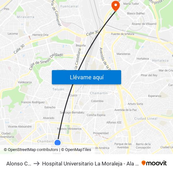 Alonso Cano to Hospital Universitario La Moraleja - Ala De Austria map