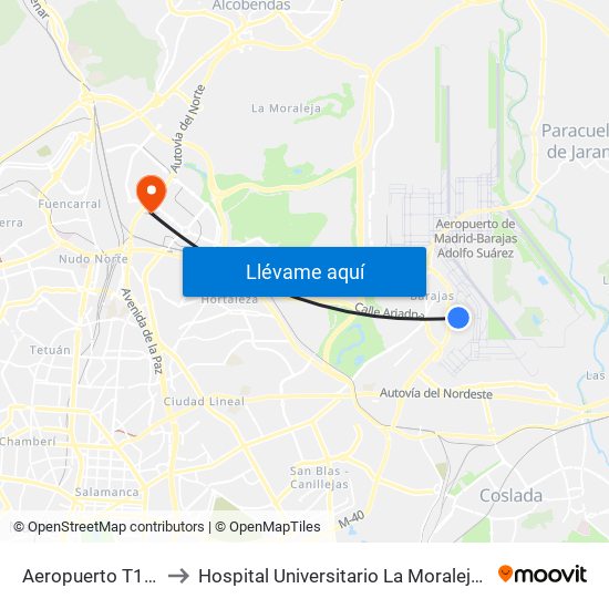 Aeropuerto T1 - T2 - T3 to Hospital Universitario La Moraleja - Ala De Austria map