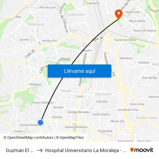 Guzmán El Bueno to Hospital Universitario La Moraleja - Ala De Austria map