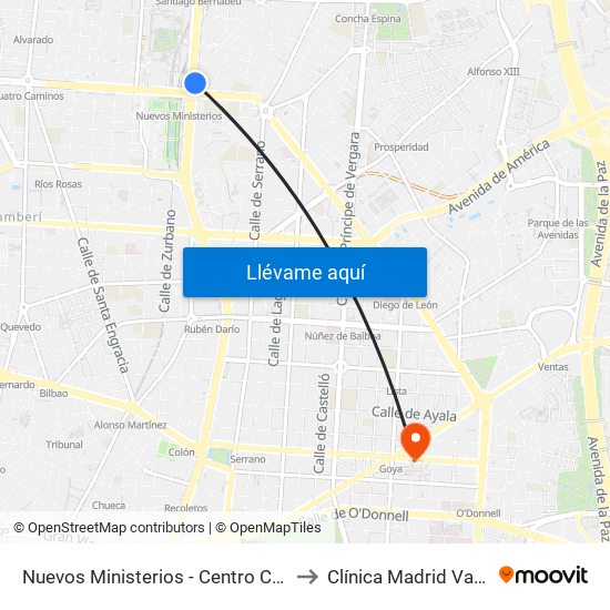 Nuevos Ministerios - Centro Comercial to Clínica Madrid Vascular map