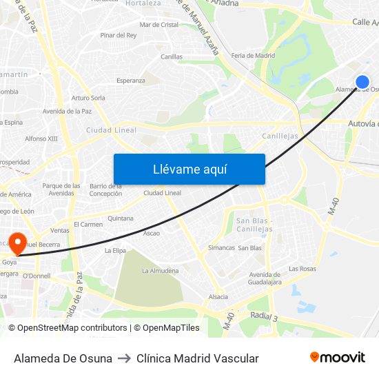 Alameda De Osuna to Clínica Madrid Vascular map