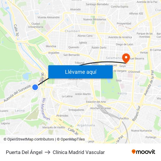 Puerta Del Ángel to Clínica Madrid Vascular map