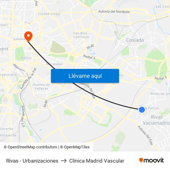 Rivas - Urbanizaciones to Clínica Madrid Vascular map