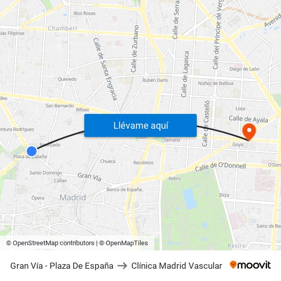 Gran Vía - Plaza De España to Clínica Madrid Vascular map