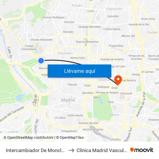 Intercambiador De Moncloa to Clínica Madrid Vascular map