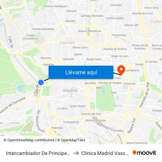 Intercambiador De Príncipe Pío to Clínica Madrid Vascular map